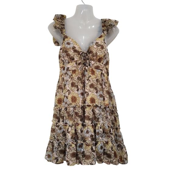 Beyond Words Mini Dress Flutter Shoulder Ruffle Tiered Floral Brown Size Medium - Picture 1 of 11